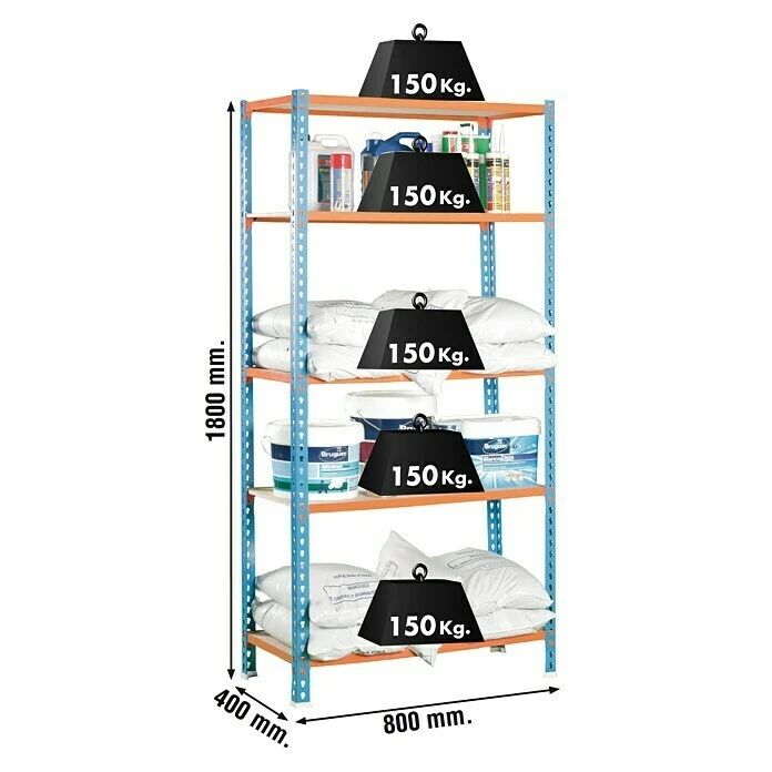 Simonrack Maderclick Metallregal Mini L X B X H: 40 X 80 X 180 Cm, Traglast: 150 Kg/Boden, Anzahl Böden: 5 Stk., Blau/Orange 5 Simonrack Maderclick Metallregal Mini L X B X H: 40 X 80 X 180 Cm, Traglast: 150 Kg/Boden, Anzahl Böden: 5 Stk., Blau/Orange – Bild 3