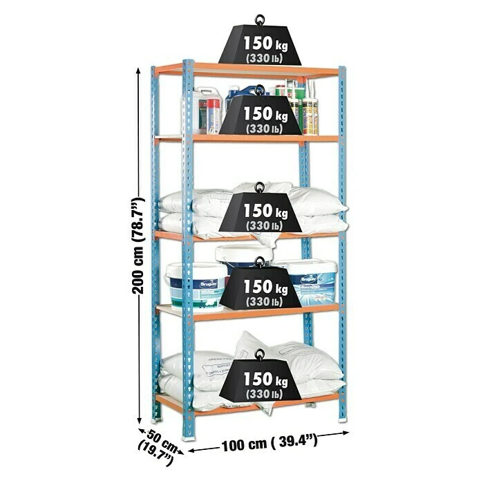 Simonrack Maderclick Metallregal Plus L X B X H: 50 X 100 X 200 Cm, Traglast: 150 Kg/Boden, Anzahl Böden: 5, Stecken, Blau/Orange 4 Simonrack Maderclick Metallregal Plus L X B X H: 50 X 100 X 200 Cm, Traglast: 150 Kg/Boden, Anzahl Böden: 5, Stecken, Blau/Orange – Bild 2