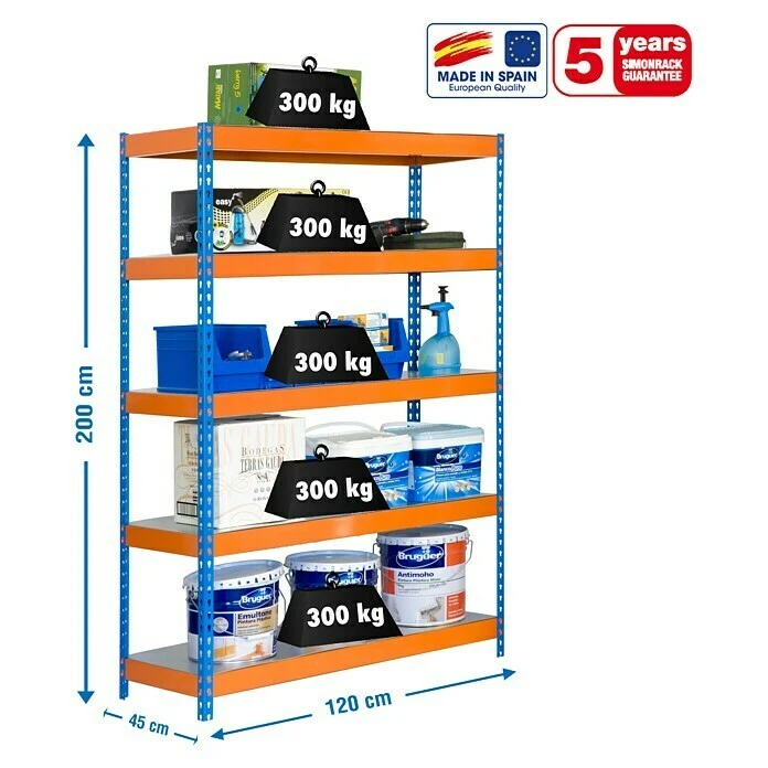 Simonrack Bricoforte Metall-Schwerlastregal L X B X H: 45 X 120 X 200 Cm, Traglast: 300 Kg/Boden, Anzahl Böden: 5, Blau/Orange, Material Boden: Metall 5 Simonrack Bricoforte Metall-Schwerlastregal L X B X H: 45 X 120 X 200 Cm, Traglast: 300 Kg/Boden, Anzahl Böden: 5, Blau/Orange, Material Boden: Metall – Bild 3